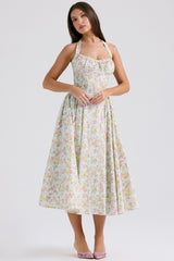 Pale Blue Meadow Print Cotton Halter Sundress