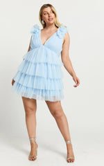 Hayden Mini Dress - Low Back Tulle Tiered Dress in Light Blue