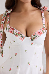 White Floral Print Stretch Cotton Midi Sundress