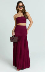 Rowan Two Piece Set - Square Neck Crop Top and High Waist Pleated Skirt Set in Wine