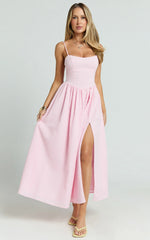 Morris Midi Dress - Linen Scoop Neck Gathered Dress in Pink