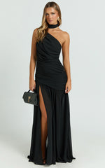 Enya Maxi Dress - One Shoulder Neck Tie Ruched High Split Dress in Black