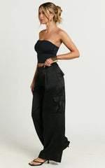 Amie Pants - High Waist Satin Tailored Cargo Pants in Black