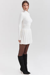 White Cashmere Blend Pleated Skated Mini Dress