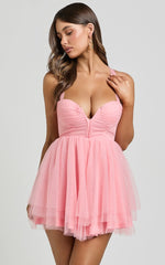 Gwen Mini Dress - Sweetheart Neck Cross Tie Back  Shift Dress in Pink