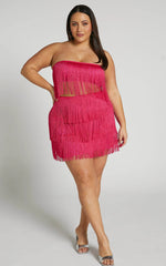 Siofra Two Piece Set - Fringe Crop Top and Mini Skirt Set in Hot Pink