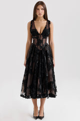 Black Embroidered Tulle Corset Midi Dress