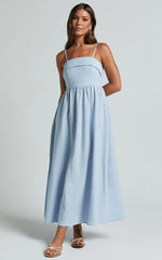 Carlyn Midi Dress - Linen Detachable Straps in Blue
