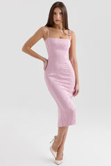 Pink Jacquard Lace Up Bodycon Midi Dress