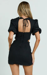 Laila Mini Linen Blend Dress - High Neck Side Cut Out Puff Sleeve Straight Dress in Black