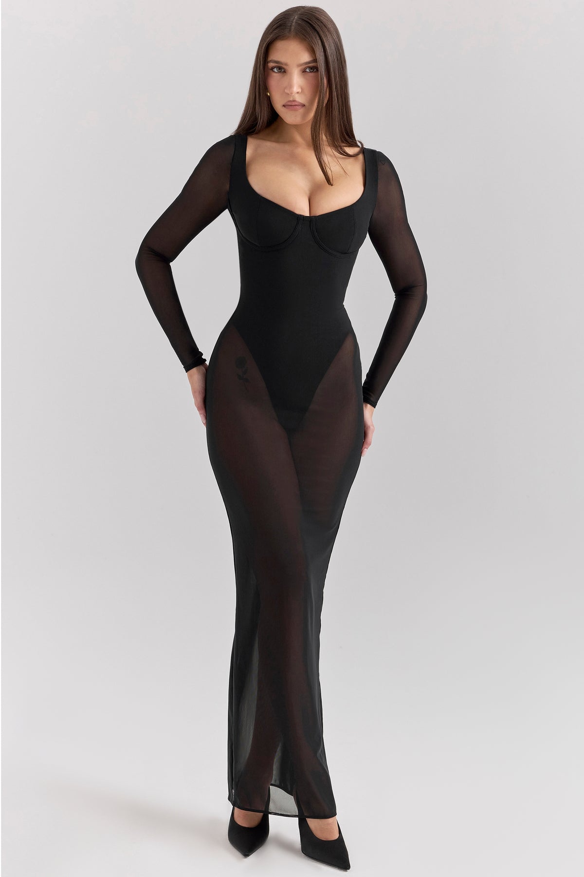 Black Mesh Maxi Dress With Bodysuit