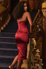 Berry Satin Strapless Midi Dress