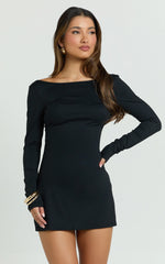 Adora Mini Dress - Long Sleeve Backless Boat Neck A Line Dress in Black