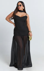Calvin Maxi Dress - Linen Look Contrast Georgette Skirt with Neck Scarf in Black
