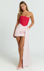Olympia Mini Dress - Contrast Draped Strapless Fit And Flare Dress in Red/Pink