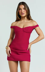 Tanisha Mini Dress - Off Shoulder Draped Waist Dress in Red