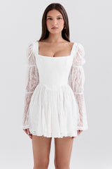 White Lace Puff Sleeve Mini Dress