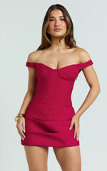Tanisha Mini Dress - Off Shoulder Draped Waist Dress in Red