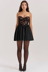 Black Lace And Satin Strapless Mini Dress