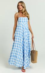 Katrien Maxi Dress - Strappy Empire Waist Flare Dress in Blue Check