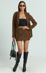Gretchen Mini Skirt - High Rise Faux Suede Skirt in Brown
