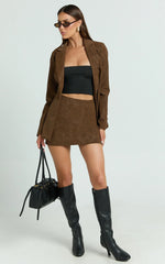 Gretchen Mini Skirt - High Rise Faux Suede Skirt in Brown