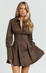 Yasmina Mini Dress - Button Front Long Sleeve Fit And Flare Dress in Dark Chocolate