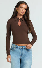 Tove Top - Long Sleeve Collared Polo Top in Dark Chocolate
