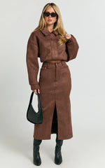Nessa Midi Skirt - High Waisted Fitted Suede Skirt in Dark Chestnut