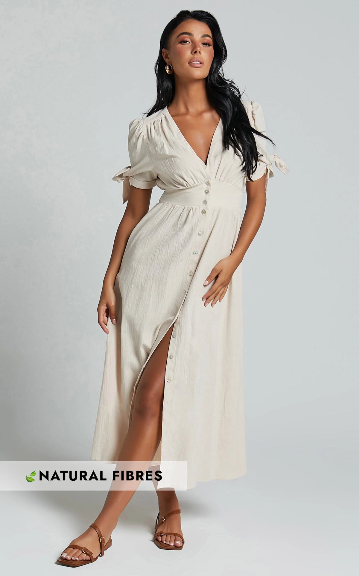 Avegail Midi Dress - V Neck Button Through Short Sleeve Dress in Bone