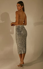 Hasley Midi Skirt - Sequin Bodycon Skirt in Silver