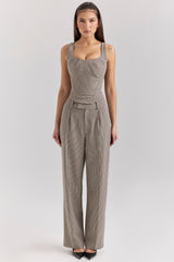 Brown Puppytooth Wide Leg High Waist Tailored Trousers