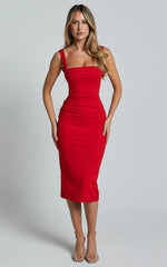 Tiffy Midi Dress - Square Neck Ruched Bodycon Dress in Scarlet