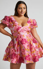 Brailey Jacquard Mini Dress - Puff Sleeve Dress in Pink