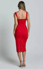 Tiffy Midi Dress - Square Neck Ruched Bodycon Dress in Scarlet