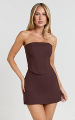 Delaney Two Piece Top and Skirt Set - Halter Corset Top And Mini Skirt in Chocolate