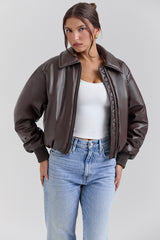 Dark Brown Vegan Leather Bomber Jacket