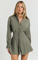 Whitney Mini Dress - Linen Long Sleeve Shirt Dress in Grey Keisha Stripe