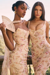 Honeyflower Print Strapless Corset With Neck Scarf