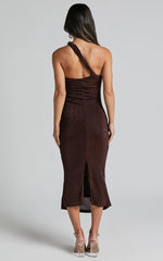 Arietty Midi Dress - One Shoulder Asymmetrical Ruched Dress in Chocolate