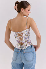 White Floral Ribbon Print Cotton Corset Top