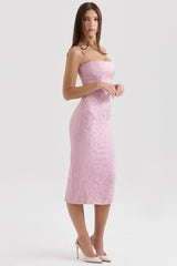 Pink Jacquard Lace Up Bodycon Midi Dress