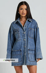 Harlow Jacket - Oversized Long Sleeve Denim Jacket in Mid Blue Wash