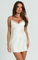 Mitchell Mini Dress - Lace V Neck Fit And Flare Slip Dress in Cream