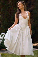 White Cotton Halter Midi Sundress