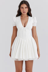 White Pleated Cotton Mini Dress