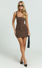 Marcia Mini Dress - Scoop Neck Hook And Eye Front Bodice Fitted Dress in Brown