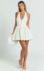 Raina Mini Dress - Halterneck Corset Waist Gathered Skirt Dress in Cream