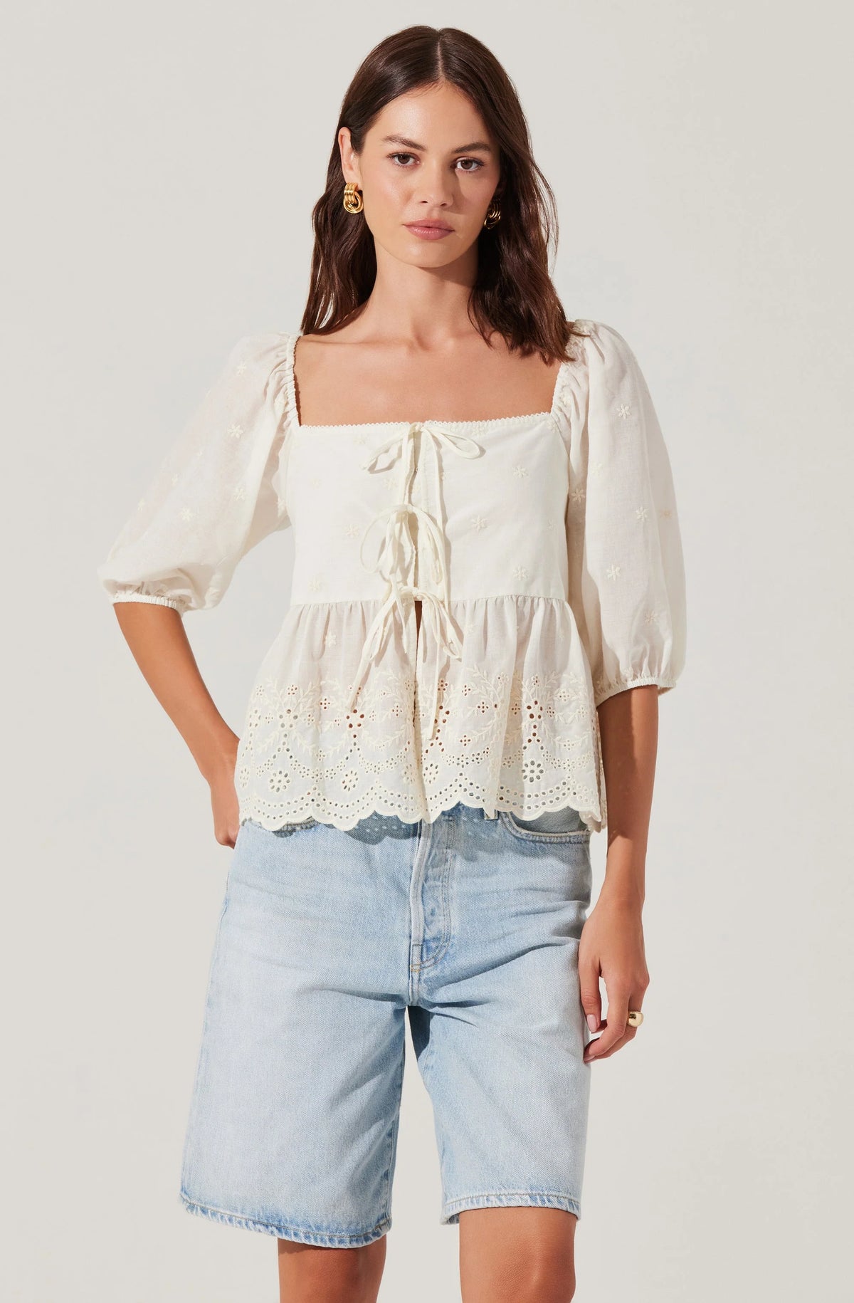 Ezmae Embroidered Tie-Front Top