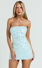 Rhonda Mini Dress - Strapless Sequin Dress in Pale Blue